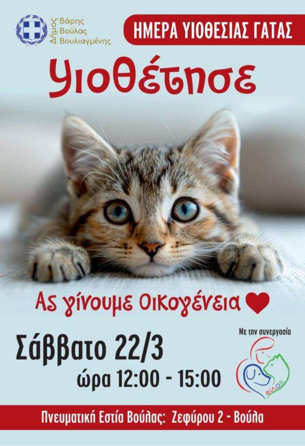 22/3 Ημέρα υιοθεσίας γάτας στο Δήμο Βάρης Βούλας Βουλιαγμένης